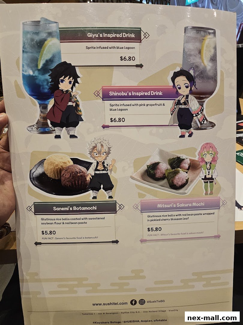 A menu featuring character-inspired drinks and desserts from Sushi Tei.