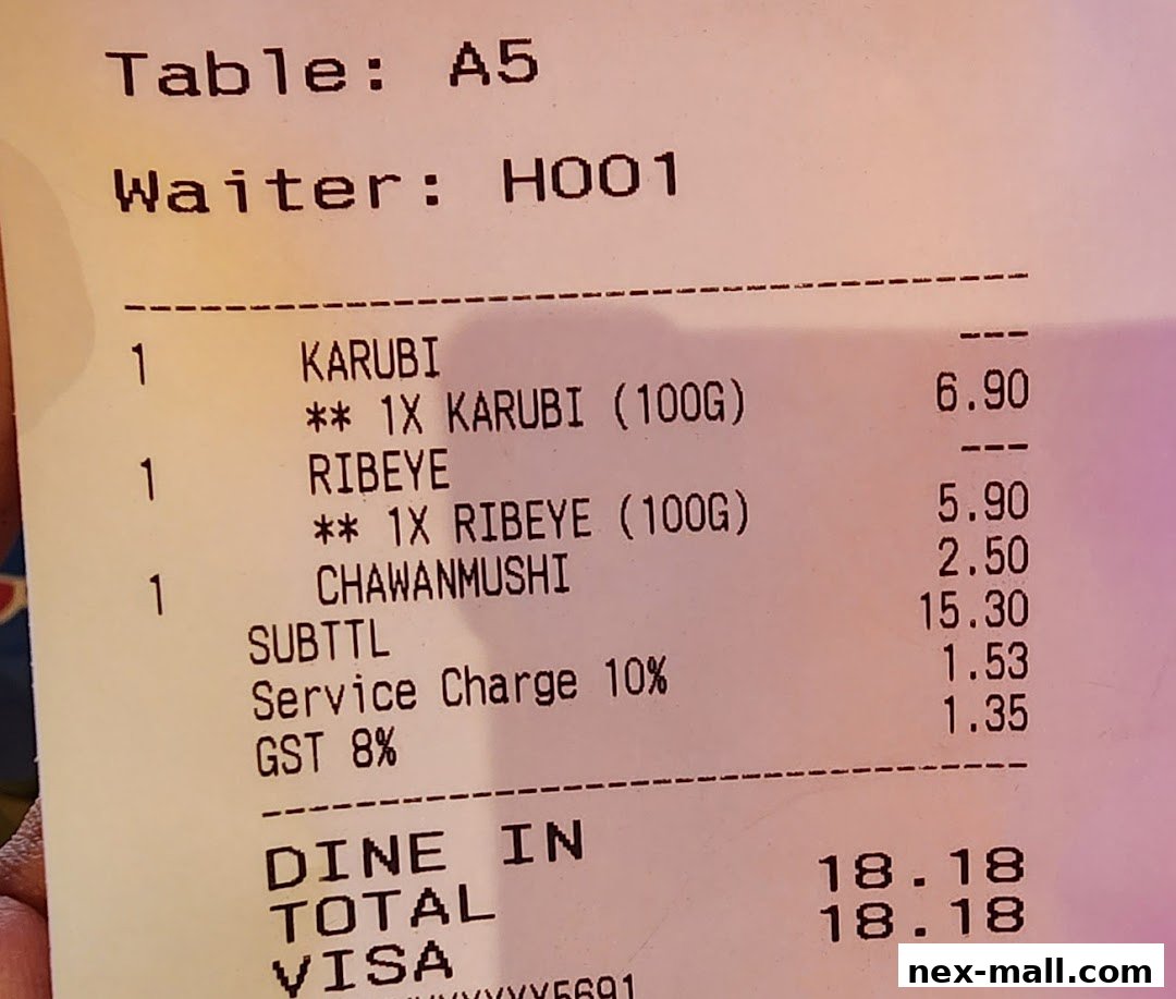 A receipt showing a table number, waiter, and a list of food items with prices.