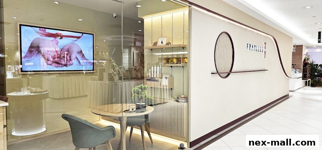 The elegant storefront of Erabelle Isetan NEX, featuring a display screen and interior seating.