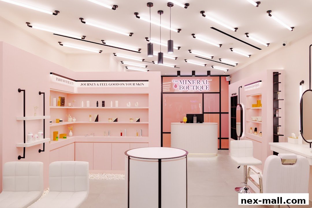 Interior of a modern beauty boutique with pink walls, shelves stocked with products, and a reception desk.
