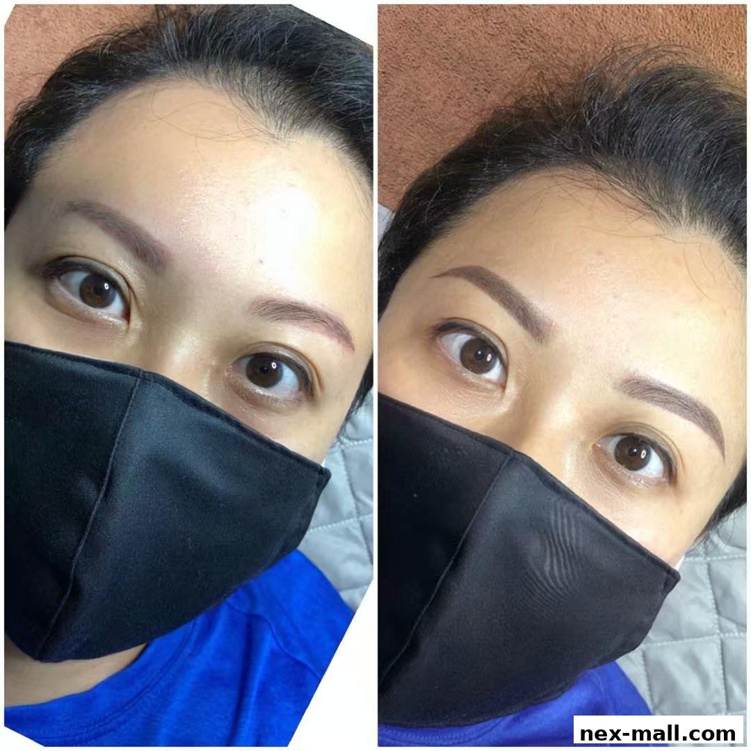 A split image showing a woman's face before and after eyebrow enhancement.