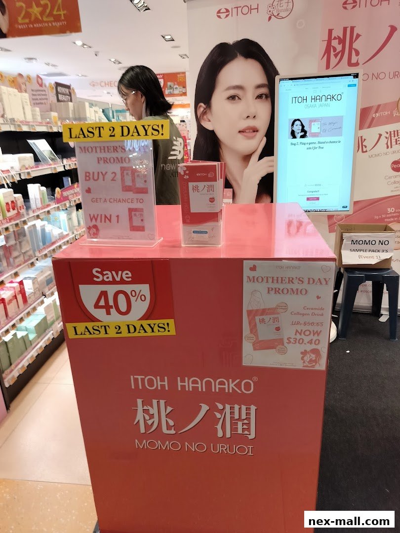 A display promoting a Mother's Day sale with a 40% discount on Itoh Hanako products.