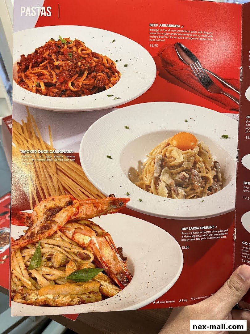 A menu page showcasing various pasta dishes with appetizing images and descriptions.