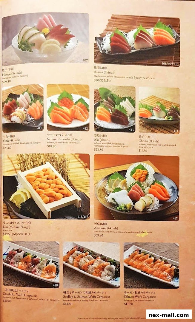 A menu page from Sushi Tei featuring various sashimi and carpaccio dishes with prices.