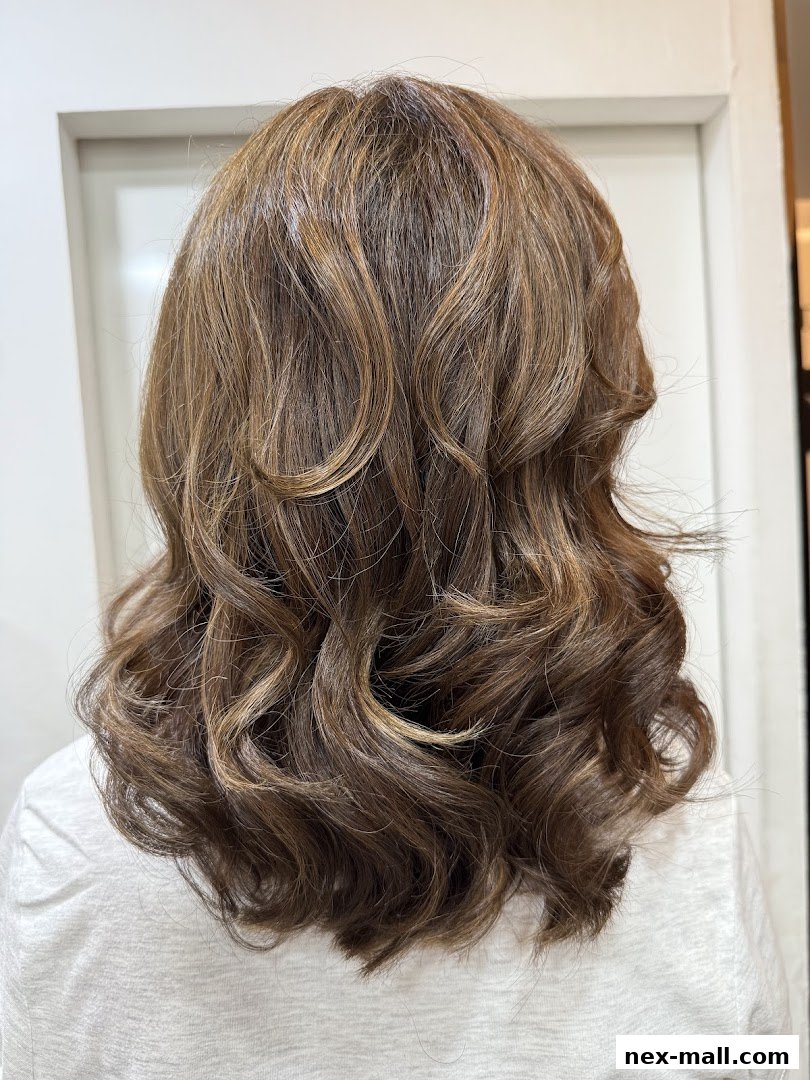 A person's back with beautifully styled, wavy brown hair with highlights.