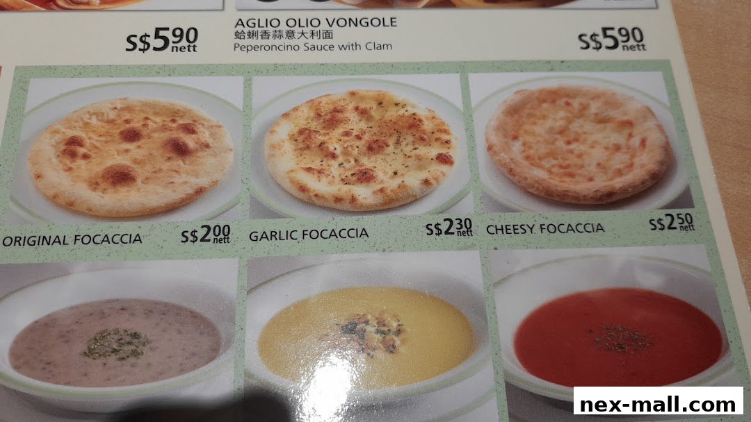 A menu display featuring various focaccia breads and soups with prices.