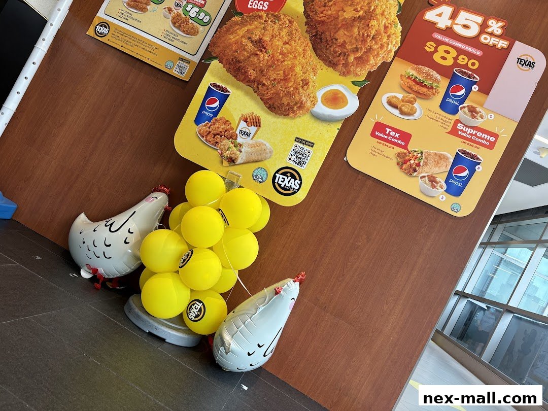 Promotional posters for Texas Chicken featuring fried chicken, burgers, and wraps, with balloons.
