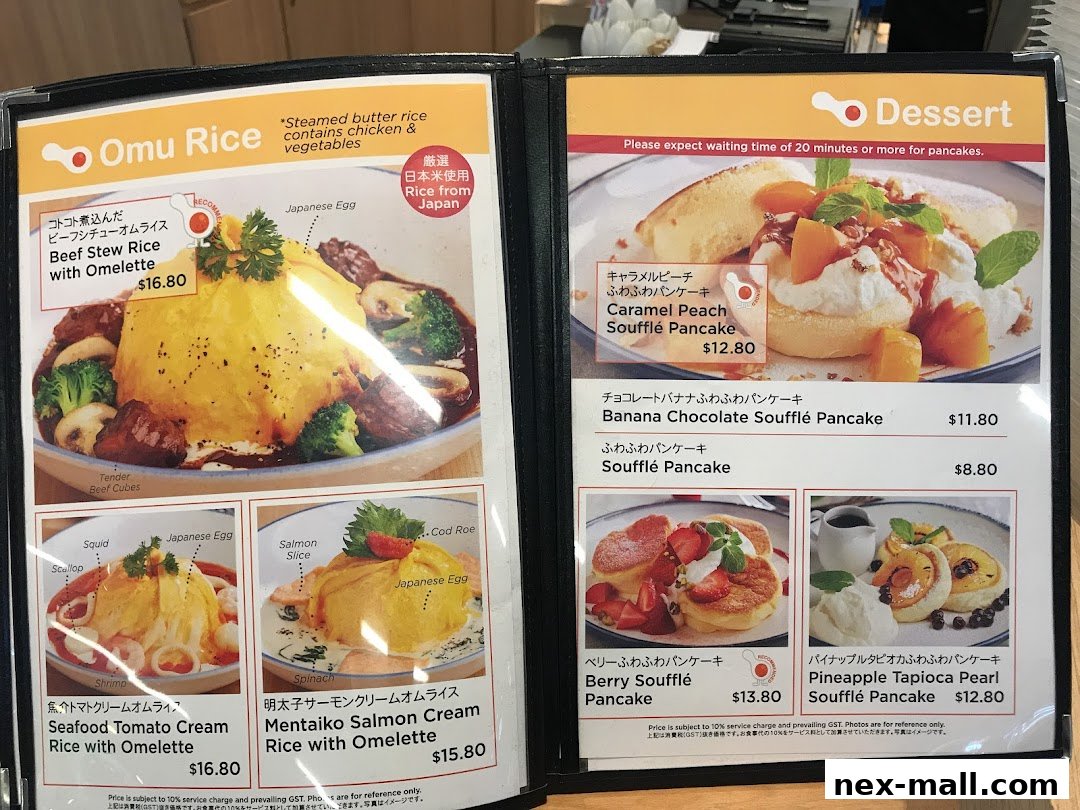 A menu featuring Omu Rice dishes and various soufflé pancakes with enticing descriptions and prices.