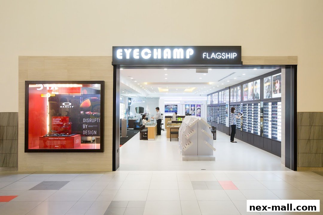 The entrance of EyeChamp Flagship optical store, showcasing eyewear displays and staff assisting customers.