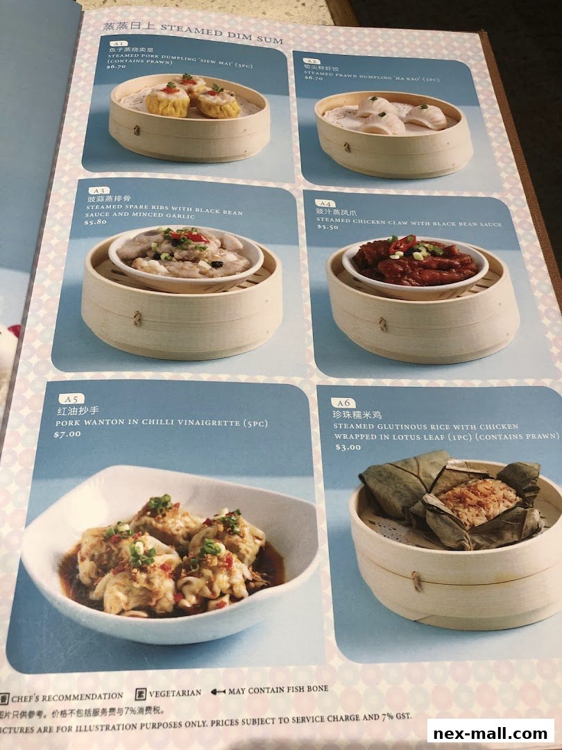 A menu page showcasing various steamed dim sum dishes with appealing food photography.