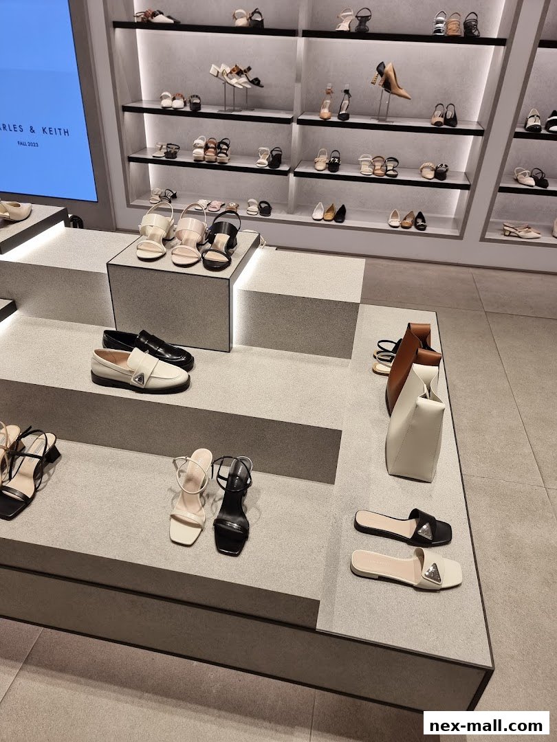 A display of stylish women's shoes and a handbag at Charles & Keith.