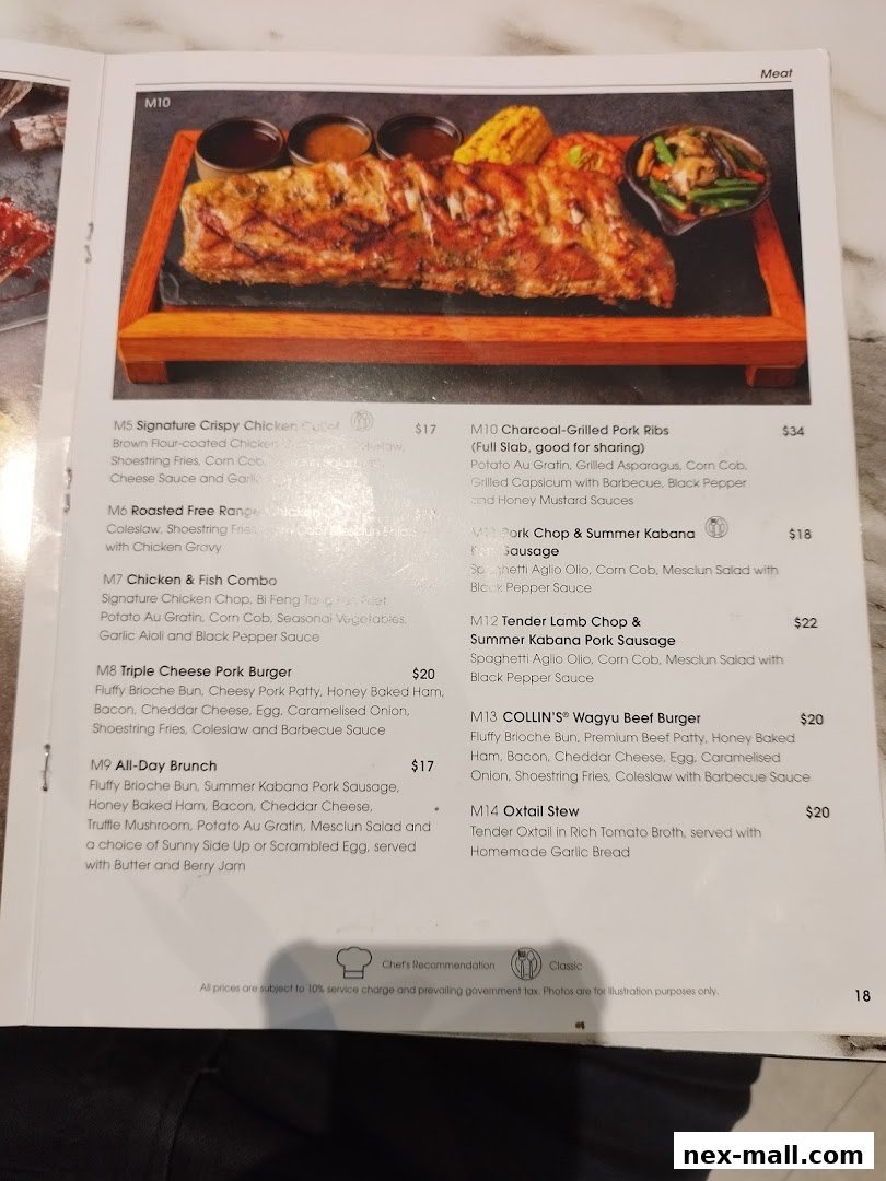 A menu page featuring various meat dishes, including ribs, burgers, and oxtail stew.