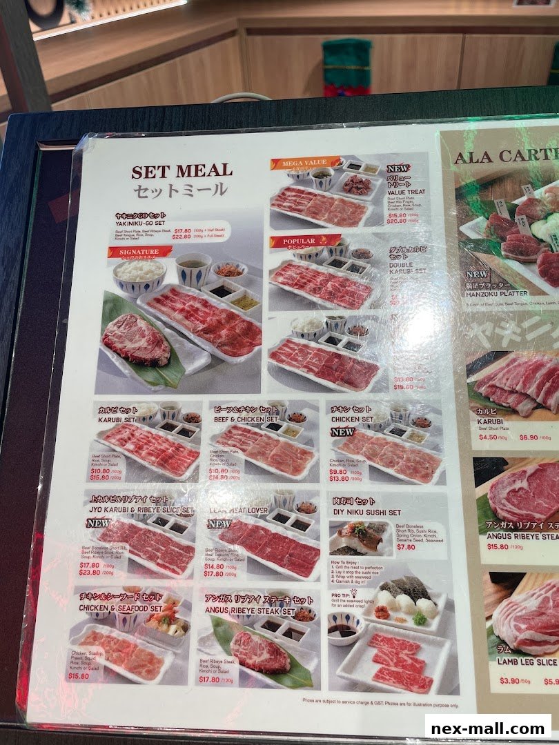 A menu featuring various set meals and a la carte options for yakiniku.