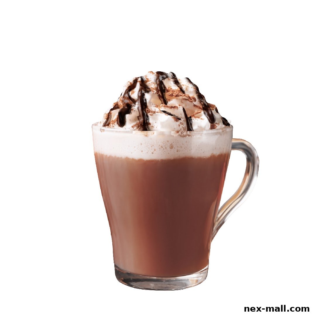 A delicious hot chocolate topped with whipped cream and chocolate drizzle.
