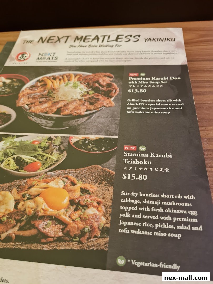 A menu showcasing plant-based Yakiniku dishes, featuring two main meals with descriptions and prices.