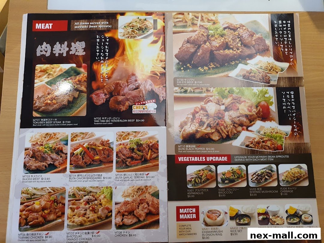 A menu from Yaki Yaki Bo NEX featuring meat dishes, vegetable upgrades, and meal sets.