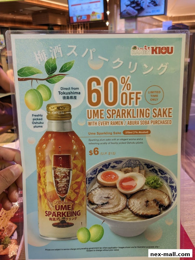 A promotional menu for Ramen Kiou featuring a discount on Ume Sparkling Sake with ramen or soba purchase.