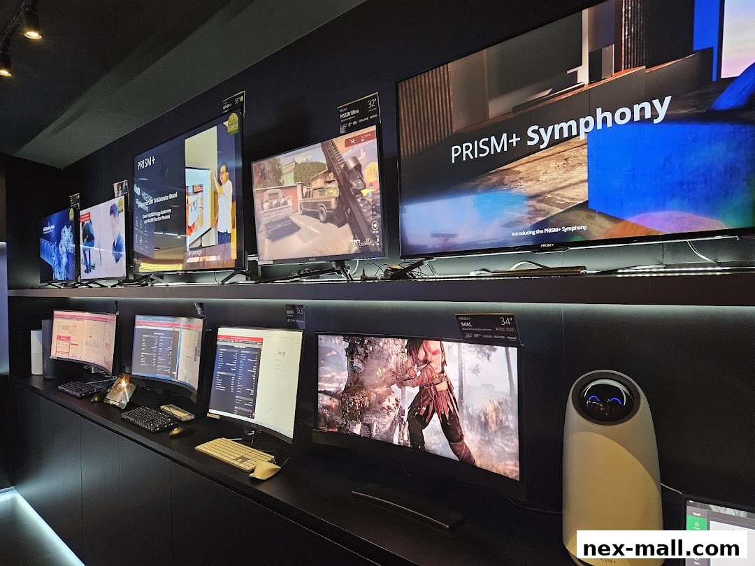 A display of various PRISM+ monitors and screens, showcasing different content and designs.