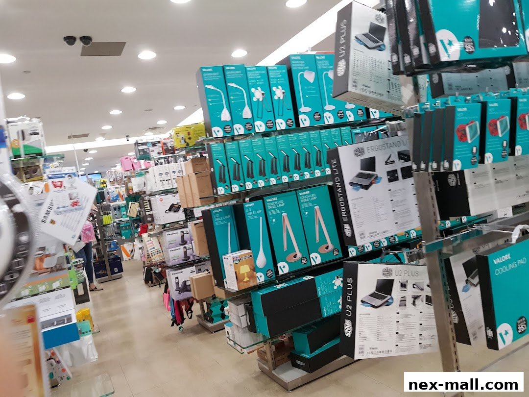 Interior view of a retail store showcasing various electronic accessories and gadgets on display shelves.