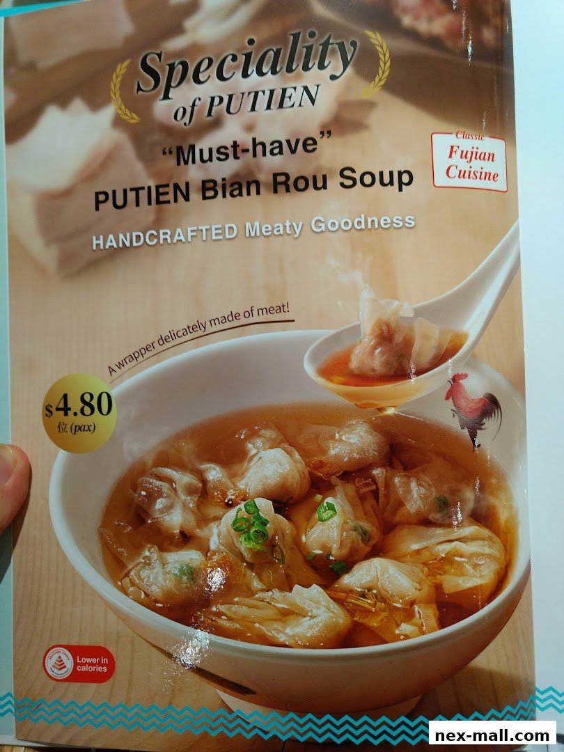 A close-up of PUTIEN Bian Rou Soup, a Fujian cuisine specialty, priced at $4.80 per pax.