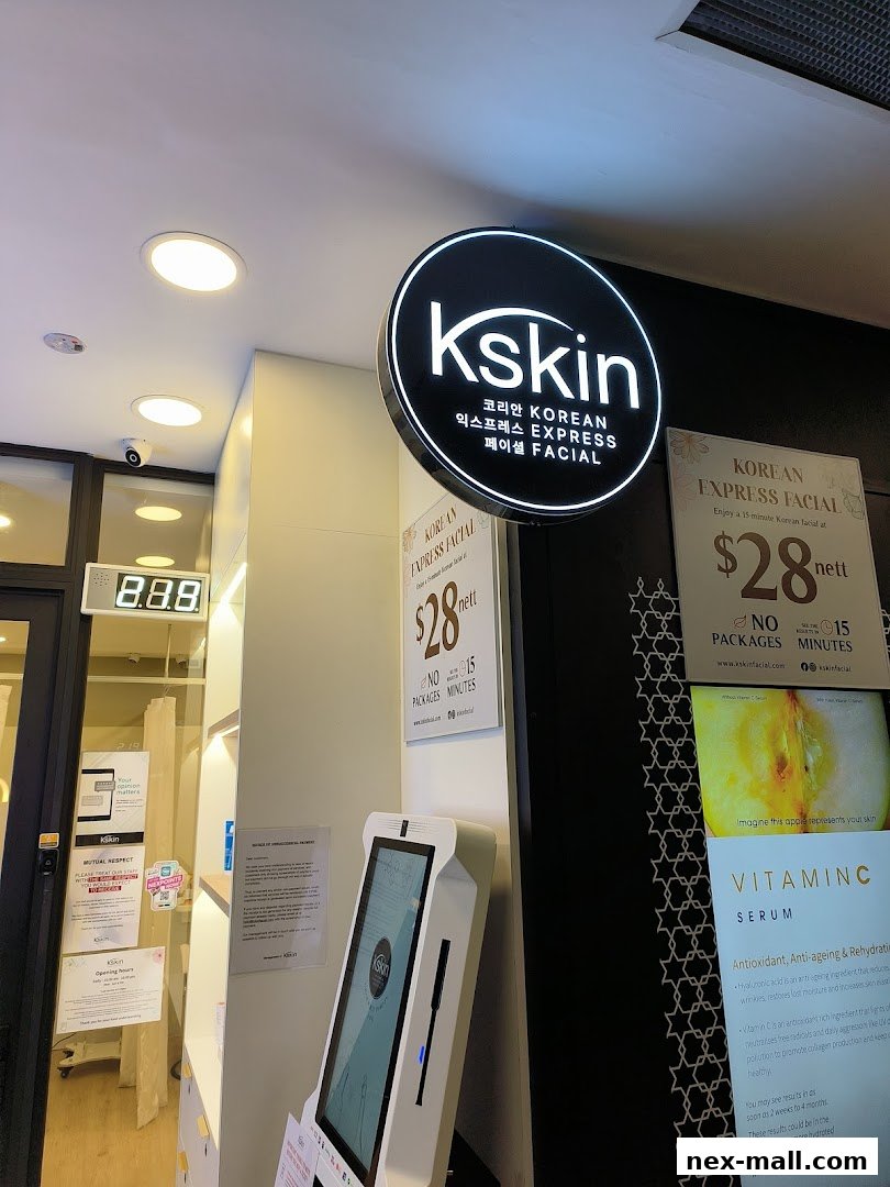 The entrance of Kskin Korean Express Facial with signage and a digital kiosk.