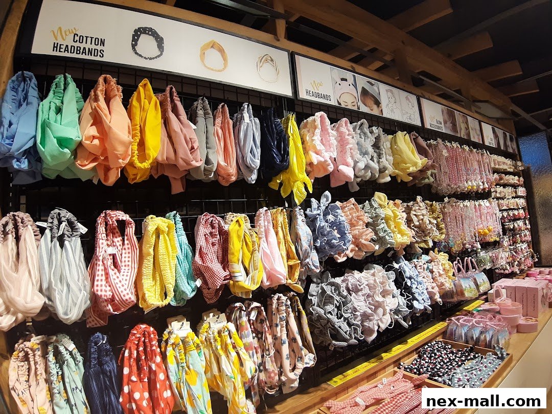 A wide selection of colorful headbands and hair accessories displayed on shelves.