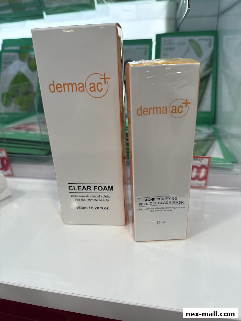 Two Derma AC+ skincare products, a clear foam cleanser and a peel-off black mask.