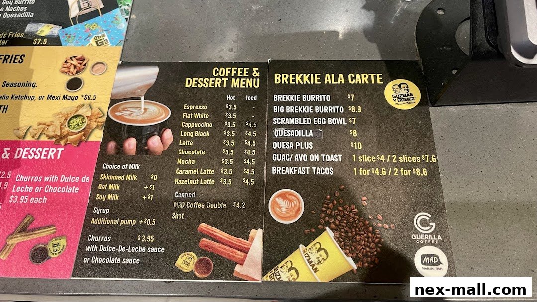 A menu featuring coffee, desserts, and breakfast items from Guzman y Gomez.