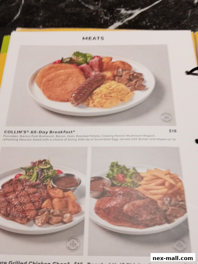 A menu page showcasing various meat dishes, including an all-day breakfast and grilled chicken.