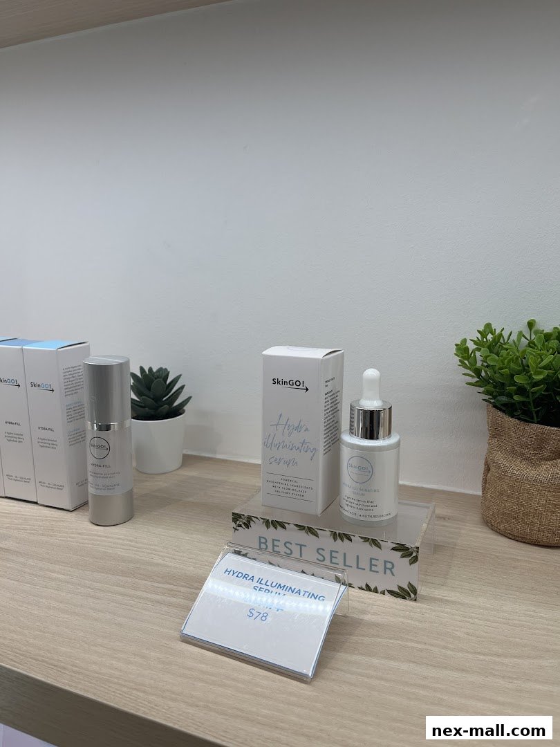 SkinGO! products displayed on a shelf, featuring a 'Best Seller' sign.