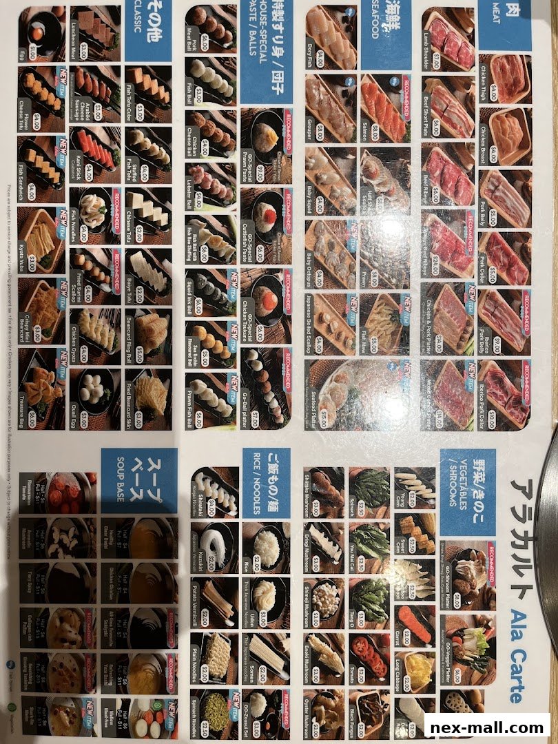 A menu for SHABU-GOJOY JAPANESE FOOD STREET featuring various meat, seafood, and vegetable options.