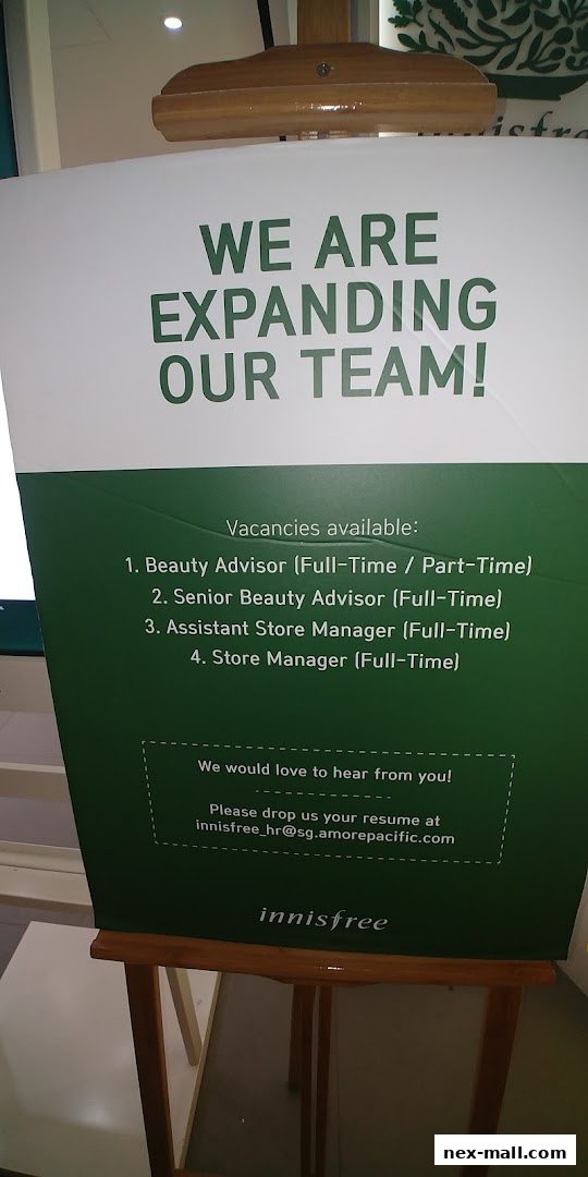A sign announcing job openings for Innisfree, seeking to expand its team.