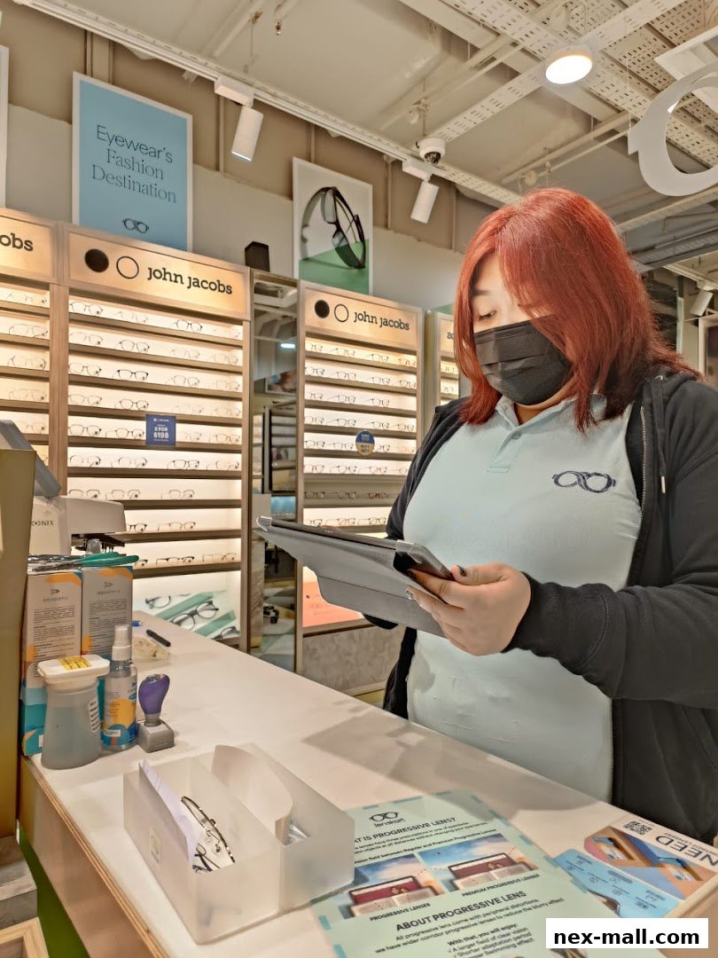 A staff member at Lenskart NEX is using a tablet and phone, with displays of eyewear in the background.