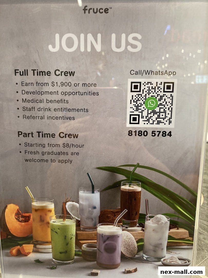 A recruitment poster for Fruce, showcasing various colorful beverages and listing job opportunities.