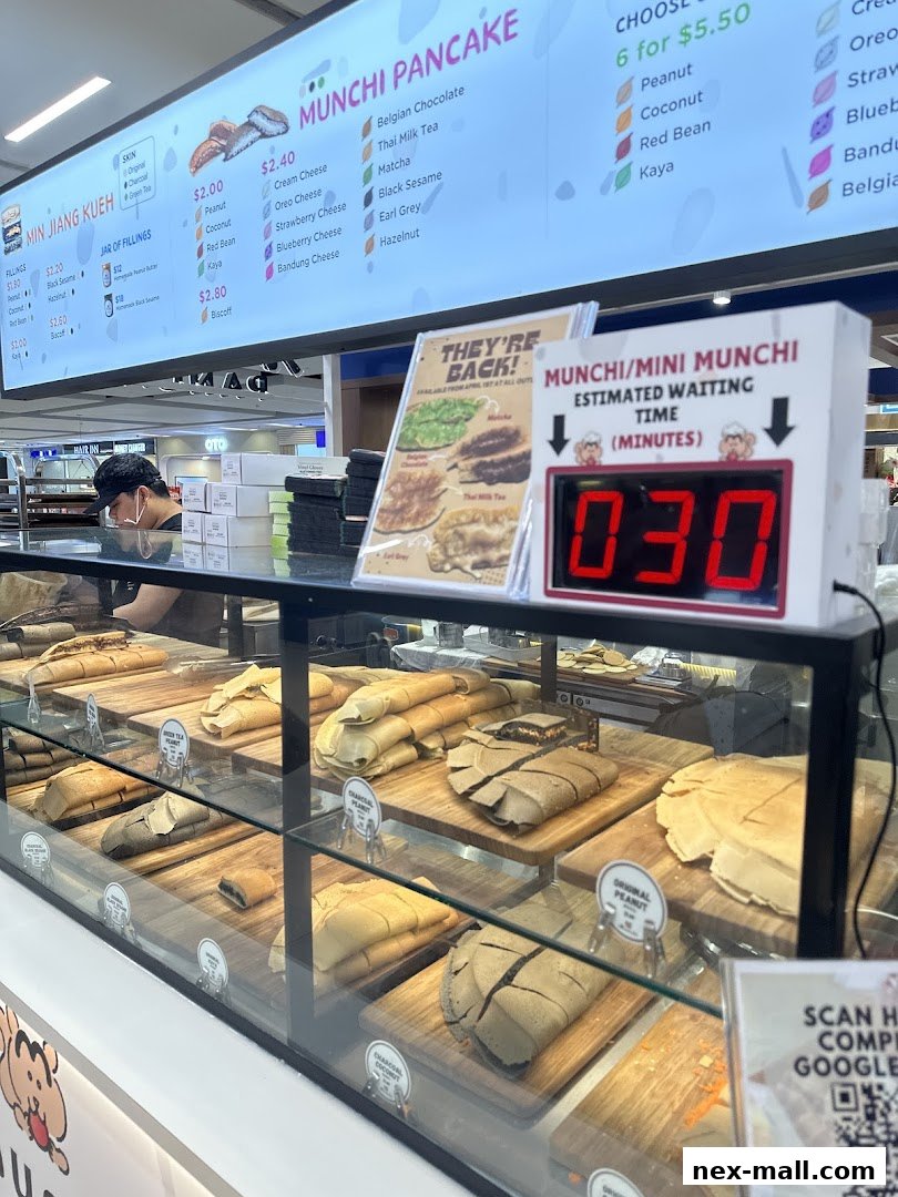 A display of freshly made pancakes with various fillings at Munchi Pancake.