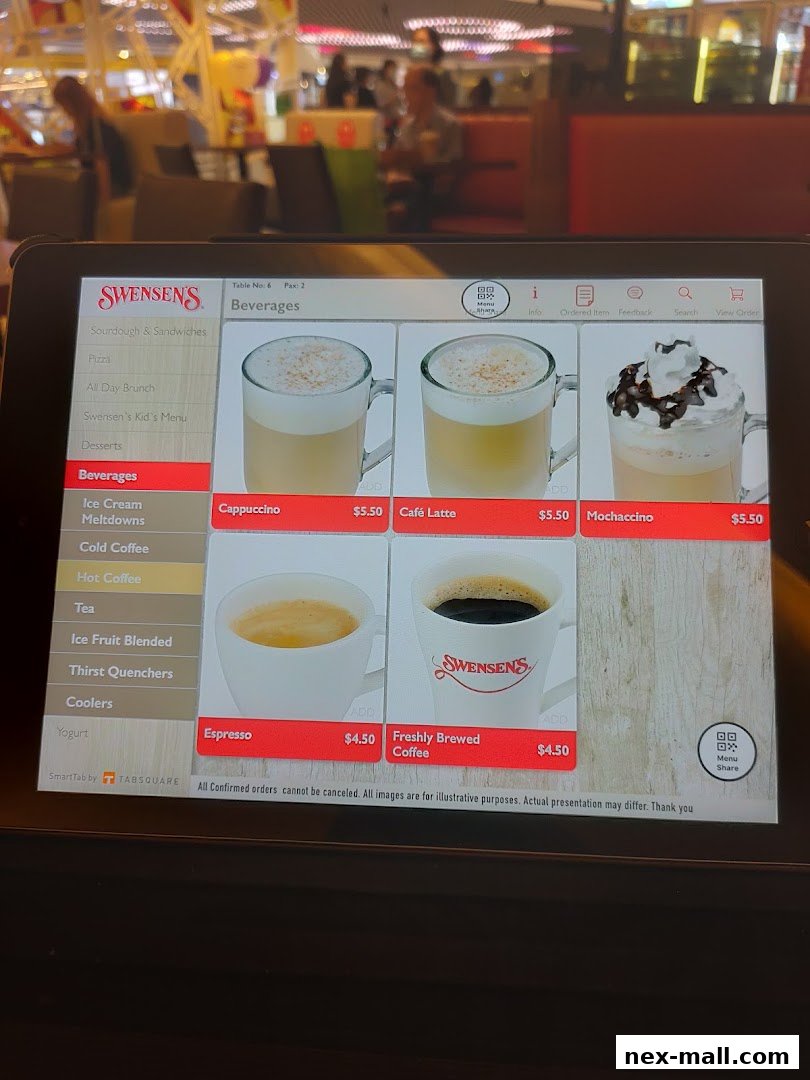 A tablet displaying the Swensen's beverage menu with various coffee options.