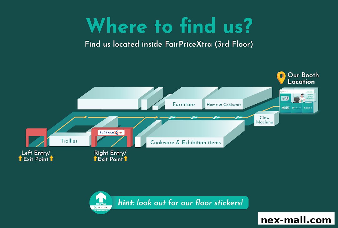 A map showing how to find The Care Laundry Services booth inside FairPriceXtra on the 3rd floor.