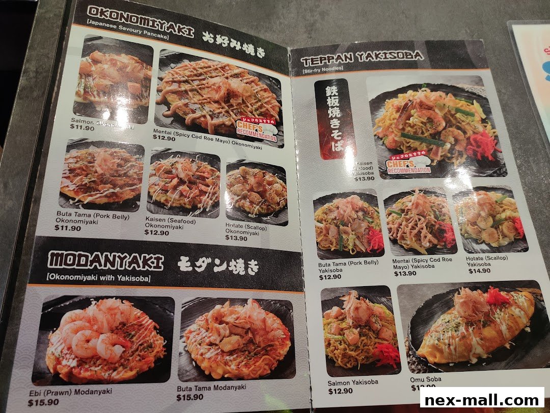 A menu featuring Okonomiyaki, Teppan Yakisoba, and Modanyaki dishes with prices and images.