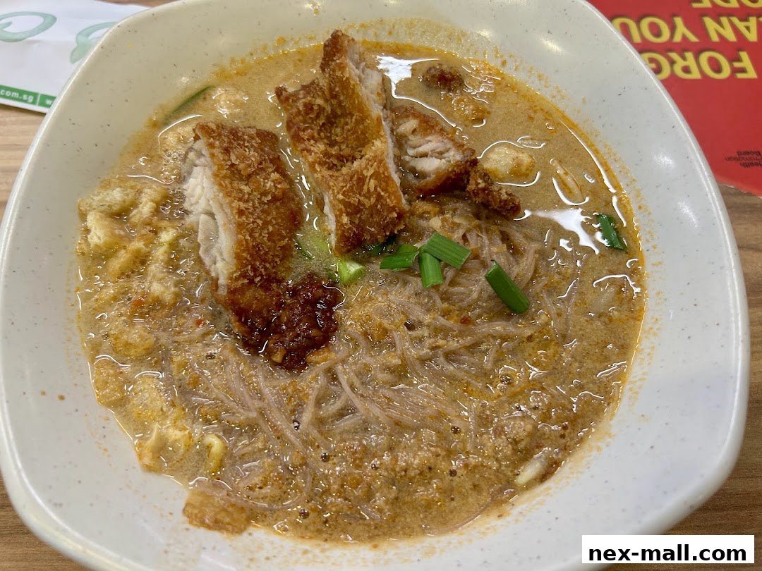 A close-up of a bowl of noodles with crispy fried fish and broth.