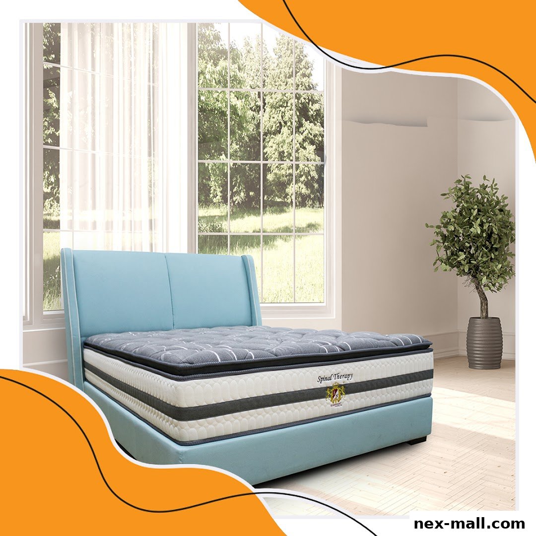 A comfortable bed with a Spinal Therapy mattress is displayed in a bright room with large windows.