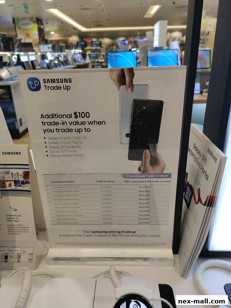 A sign promoting Samsung's Trade Up program with a table of trade-in values for various smartphone models.