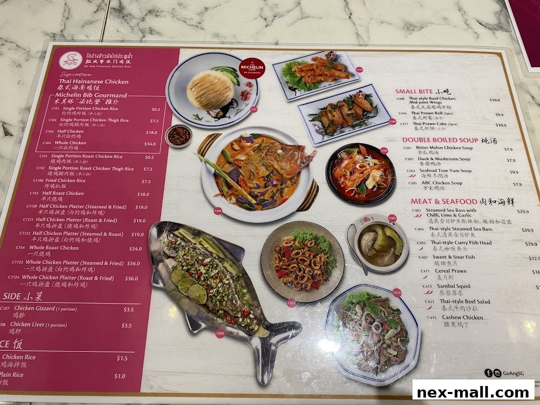 A menu from Go-Ang Pratunam Chicken Rice featuring various Thai dishes and chicken rice options.
