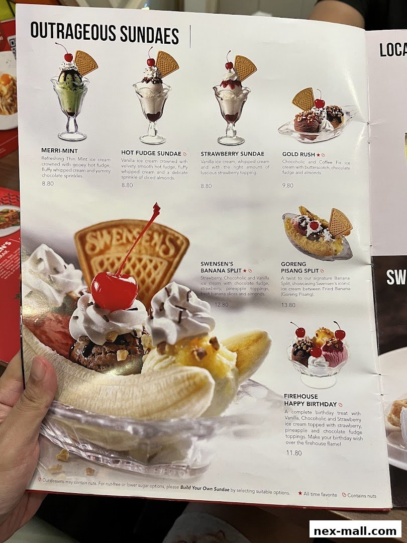 A menu page showcasing various outrageous sundaes with descriptions and prices.