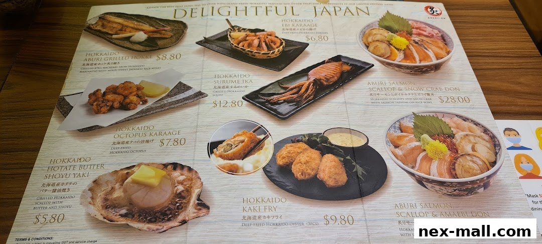 A menu featuring various Japanese seafood dishes, including grilled fish, fried octopus, and donburi bowls.