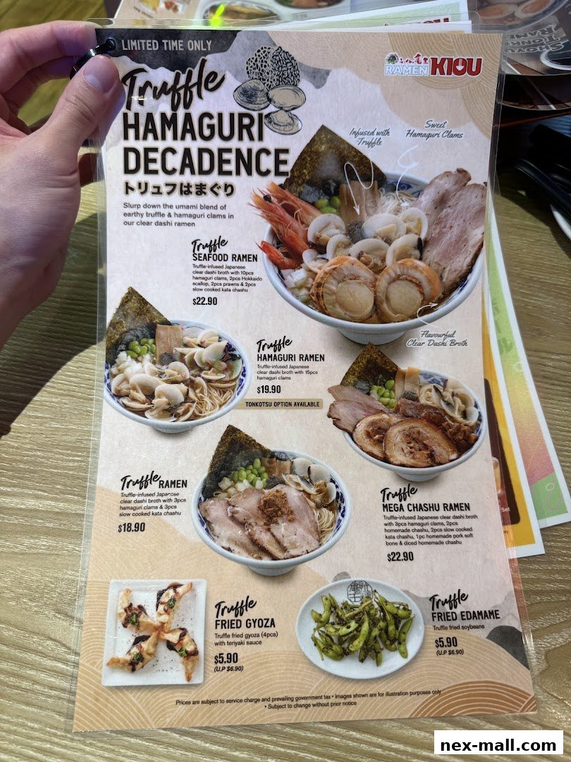 A menu from Ramen Kiou featuring truffle-infused ramen dishes and sides.