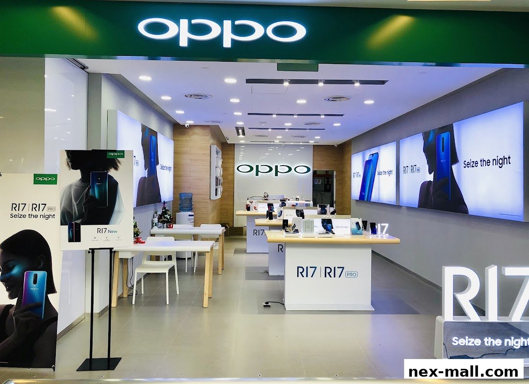 Interior view of an OPPO Concept Store showcasing phones and promotional displays.