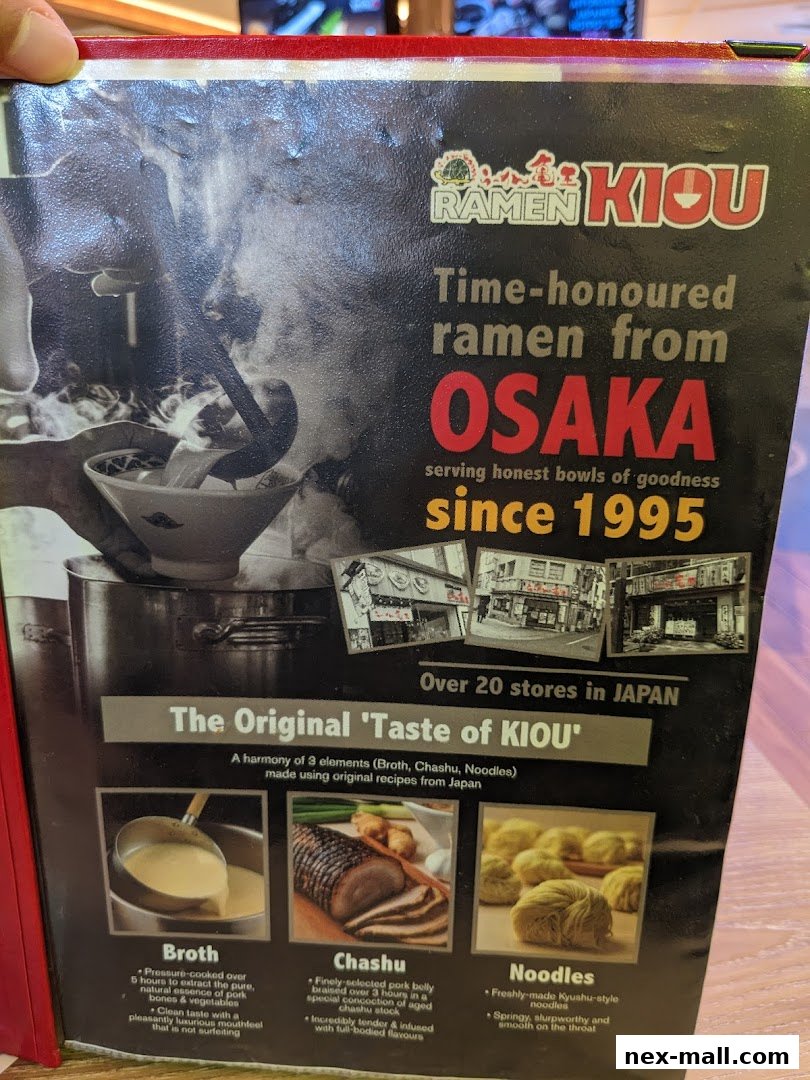 A menu showcasing the key ingredients of Ramen Kiou's authentic Osaka-style ramen.