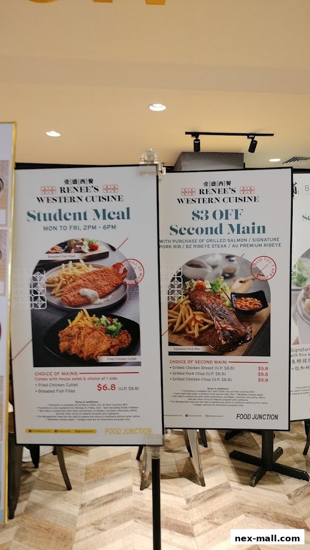 Promotional posters for Renee's Western Cuisine at Food Junction, featuring student meals and discounts.