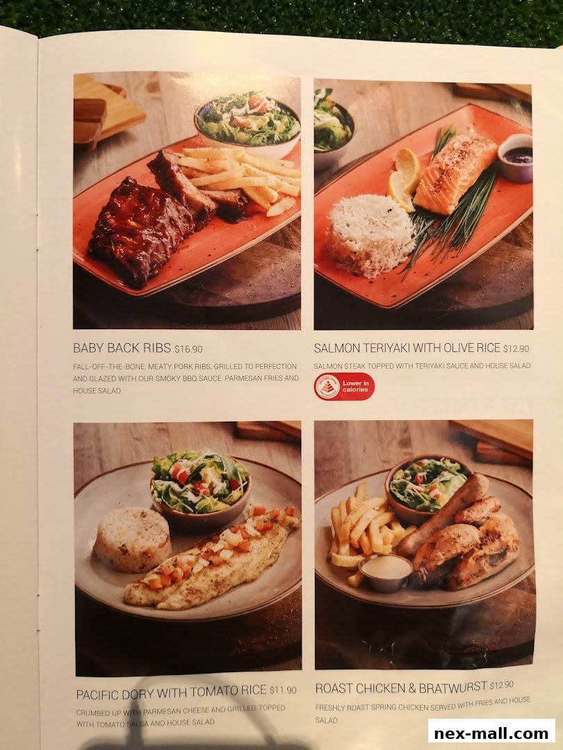 A menu page showcasing four delicious main course dishes with accompanying sides.