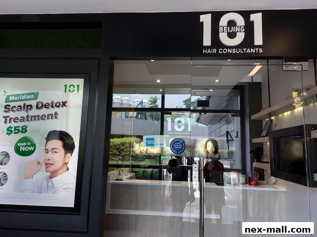 The exterior of Beijing 101 Hair Consultants, featuring a promotional poster and the shop's entrance.